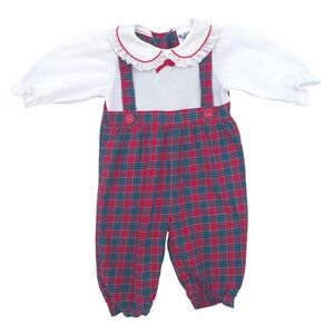Vintage Alexis Plaid Jumpsuit Girl's Red Green Eyelet Lace Size 9 Months